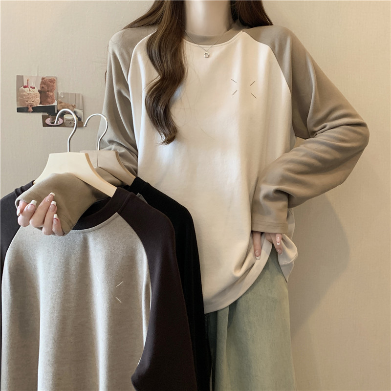 實拍 羅紋德絨長袖T恤女秋冬圓領插肩內搭打底衫上衣
