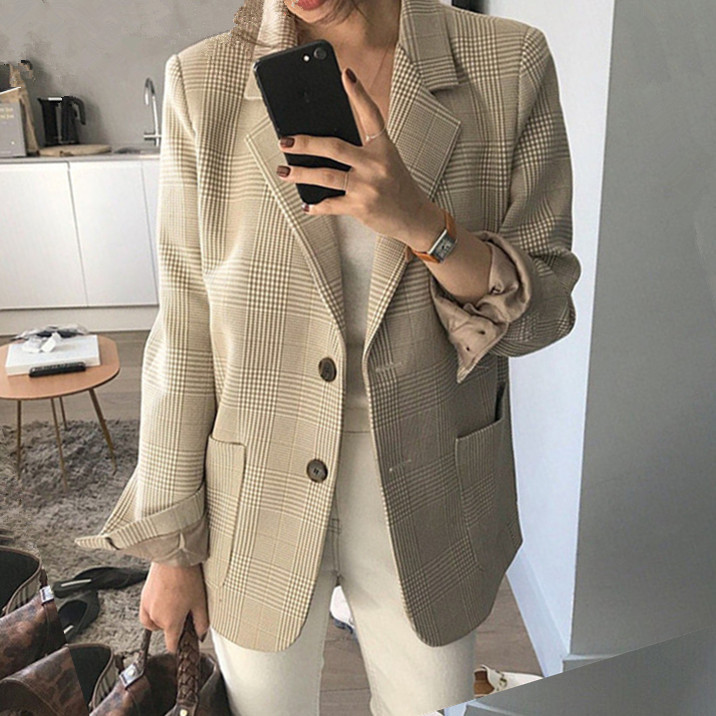 Korean style houndstooth slim temperament suit tops for women 2023 autumn new single-breasted retro small suit jackets large size