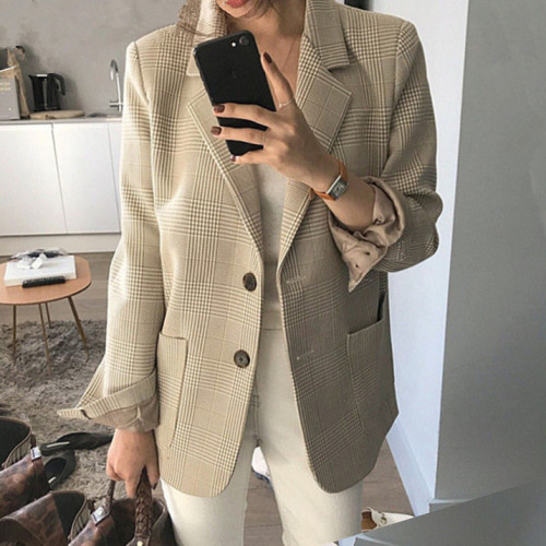 Korean style houndstooth slim temperament suit tops for women  autumn new single-breasted retro small suit jackets large size