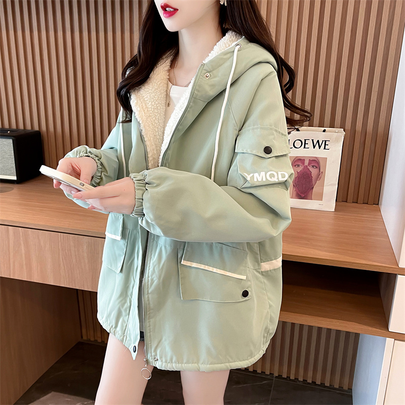實拍 冬季韓版棉內里冰島絨寬鬆連帽夾克工裝大碼加絨外套女