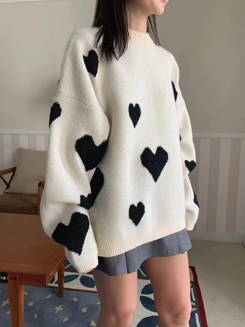 INS韓國東大門~少女感愛心提花撞色小眾設計圓領寬鬆慵懶毛衣外套