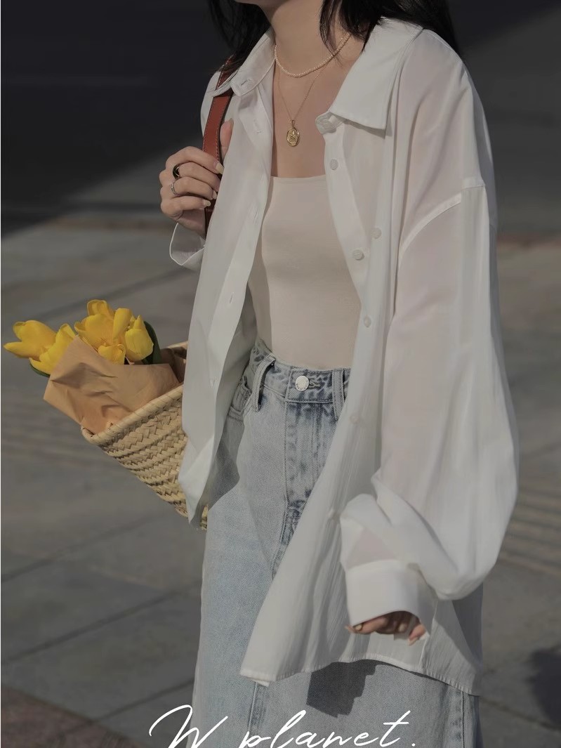 防曬襯衫女小個子夏季外搭薄款寬鬆冰絲開衫外套法式別致甜美上衣