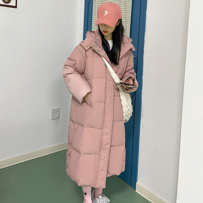 Pink bread down cotton coat for women winter new thickened warm mid-length over-the-knee hooded cotton-padded jacket
