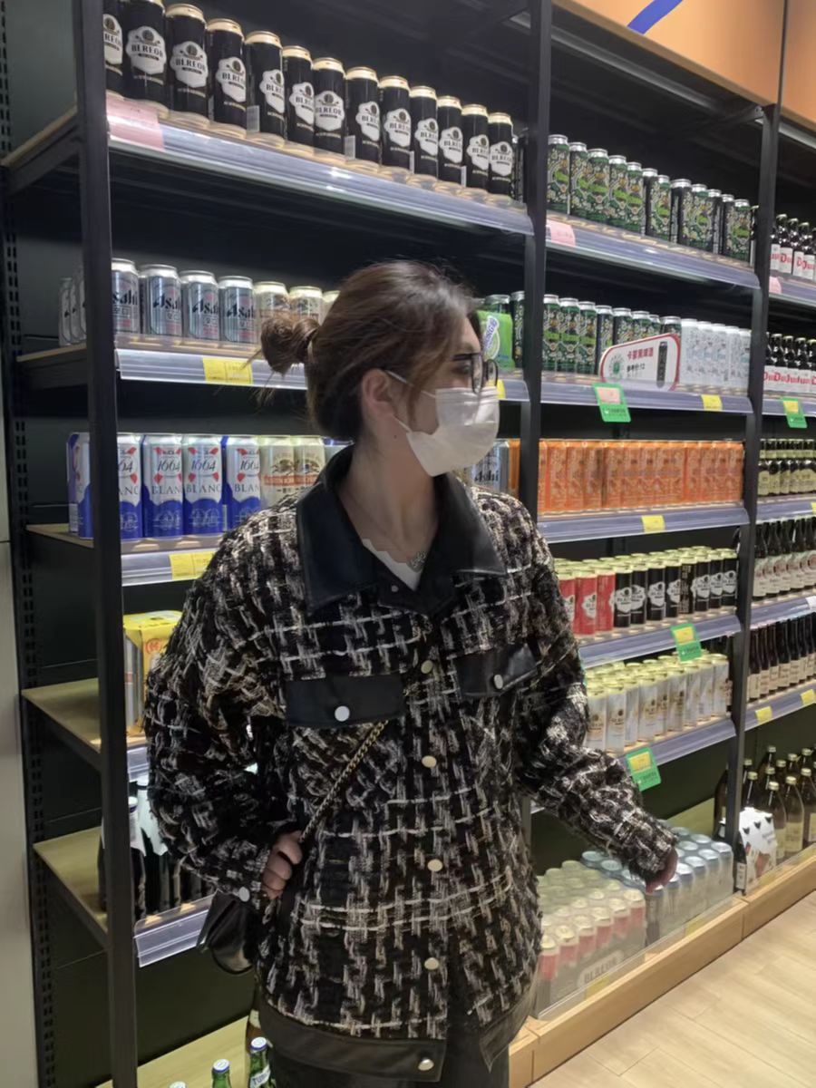 Korean style design sense of small fragrance loose splicing pu leather jacket houndstooth couple coat