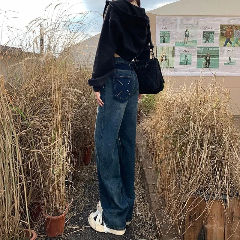 復古小眾設計感闊腿牛仔褲女秋冬新款高腰寬鬆顯瘦百搭直筒拖地褲