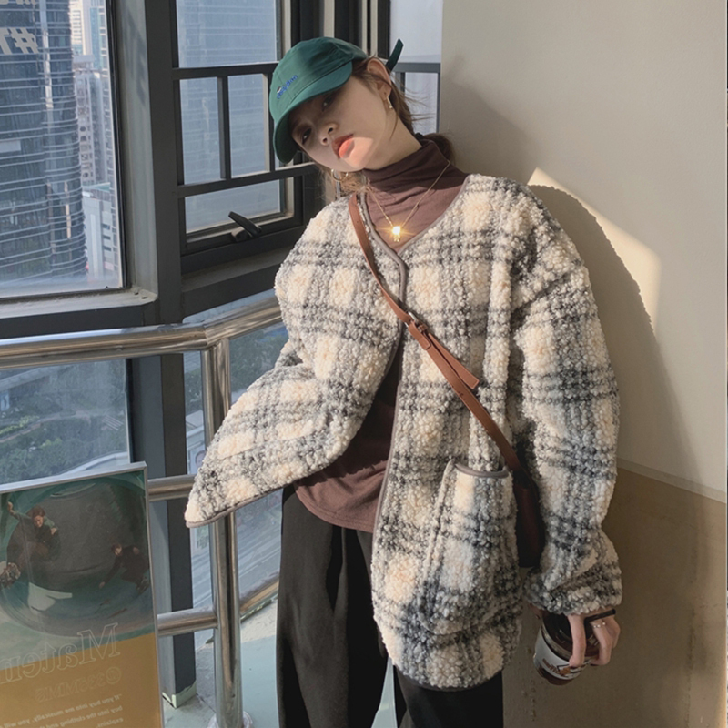 秋冬大碼女裝洋氣格子羊羔毛外套女胖MM減齡上衣M-4XL200斤