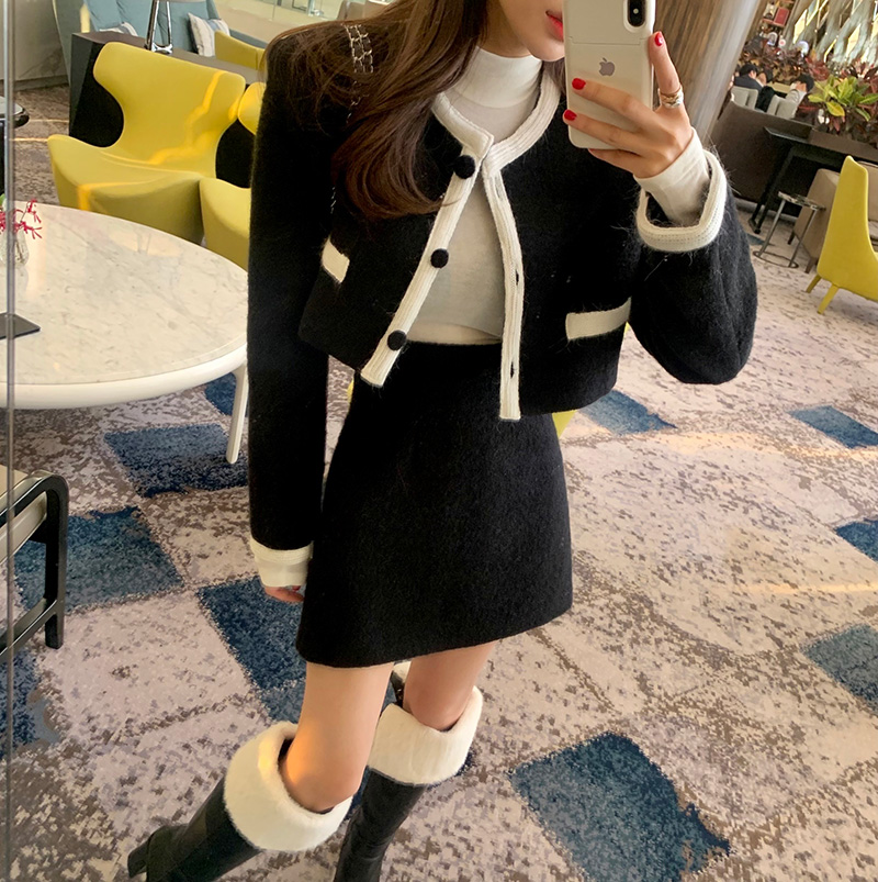 Original fashionable style small fragrance style color matching woolen two-piece set
