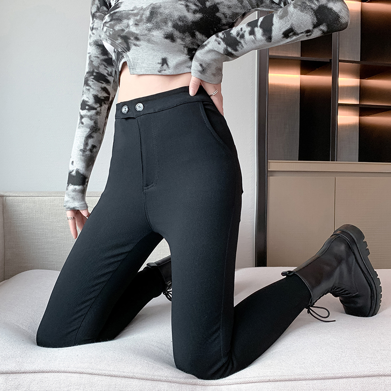 Real shot of magic pants for women Korean V12 spring and autumn sp-68 high elasticity slimming tight bottoming small black pants for outer wear large size