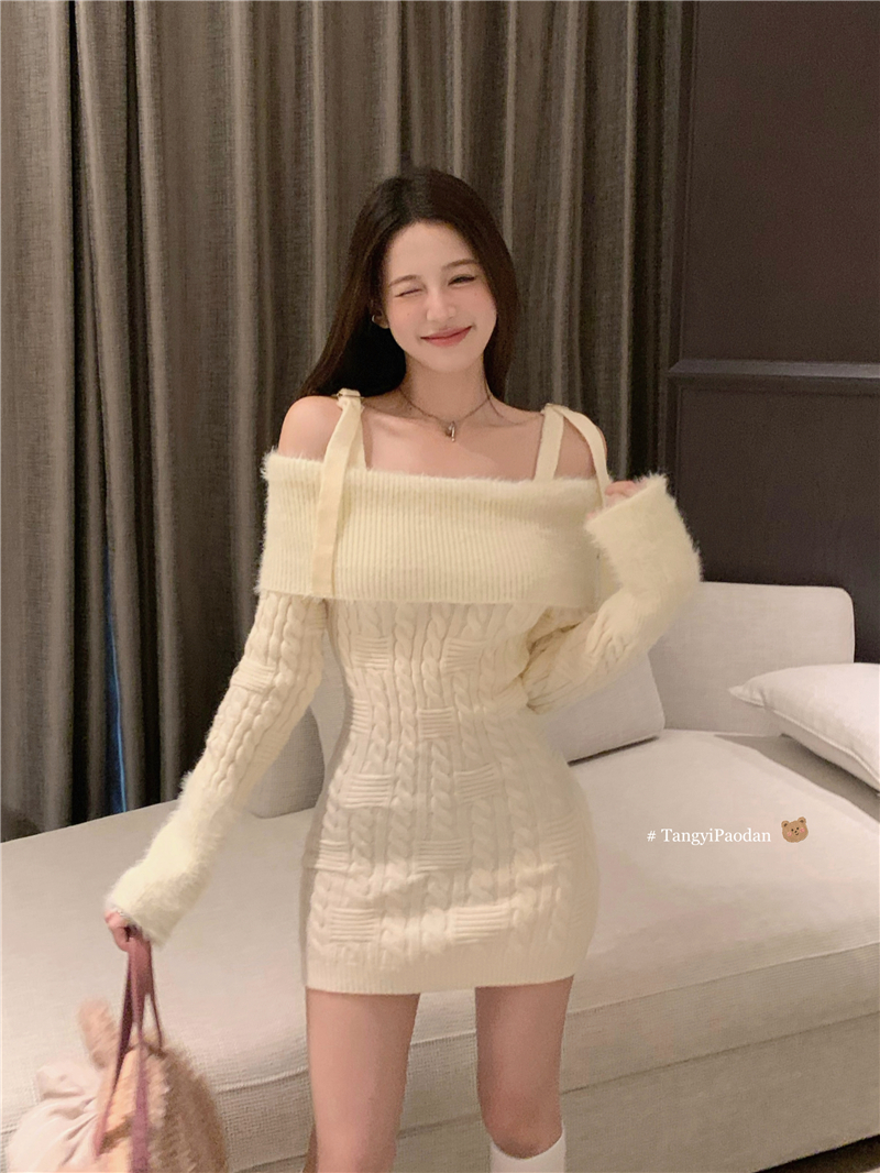 實拍~ 曖昧氛圍 米色一字肩針織連衣裙女