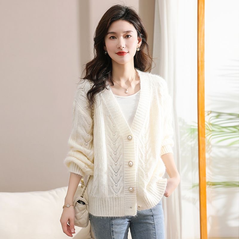 Small fresh floral knitted sweater jacket for women, lazy style Korean style small fragrance style loose cardigan top