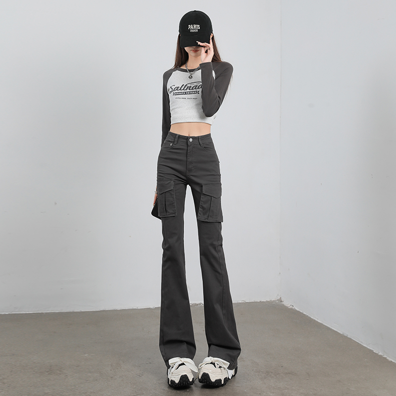 灰色微喇工裝褲女春秋2023新款美式復古高腰寬鬆顯瘦拖地褲高個子