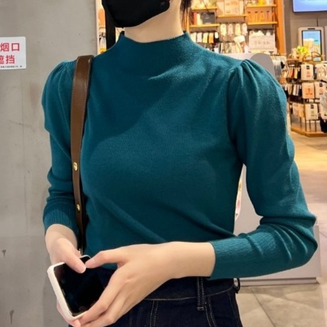 半高領女長袖毛衣秋季新款百搭修身洋氣內搭泡泡袖上衣針織打底衫