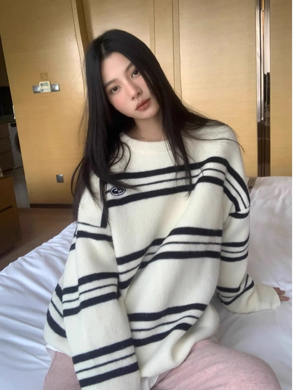設計感學院風條紋圓領毛衣女秋冬日系慵懶風軟糯針織衫高級感上衣