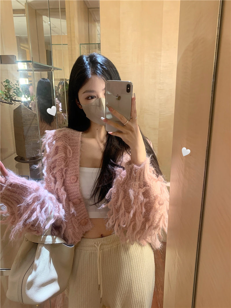 實拍  V領流蘇針織開衫女秋冬輕奢氣質短款毛衣外套女