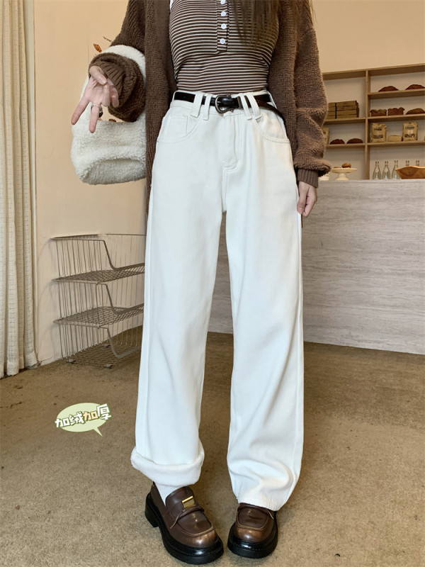 實拍秋冬復古白色加絨加厚牛仔褲女高腰顯瘦直筒闊腿拖地長褲
