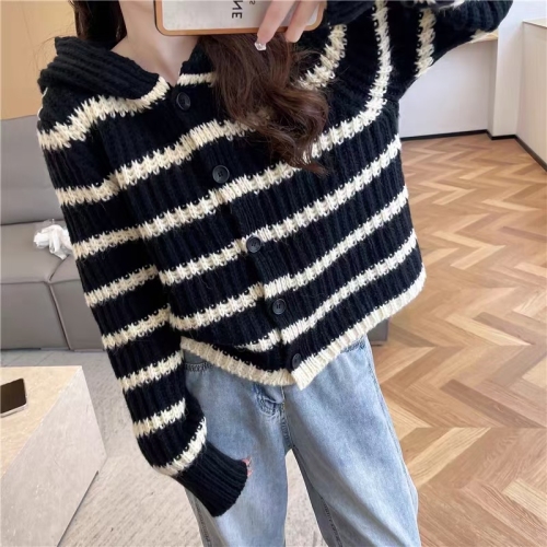 Black and white striped hooded knitted cardigan sweater for women  new autumn and winter casual tops and jackets for women ins trend