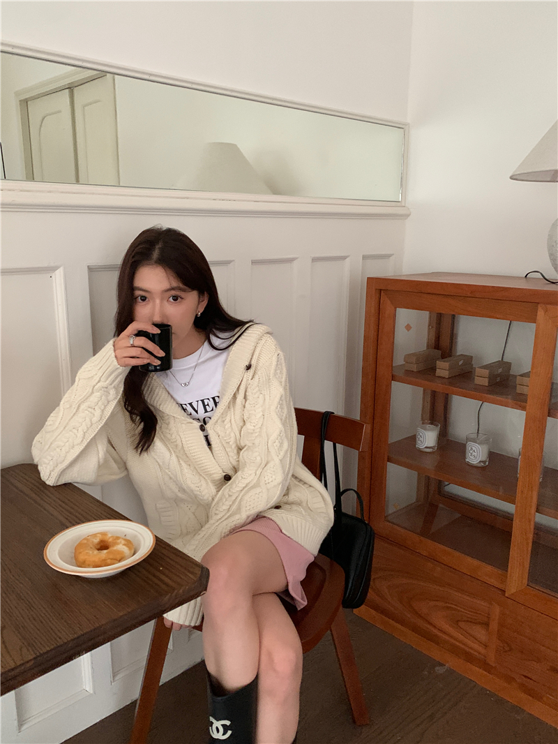 Actual shot of Korean chic versatile buttoned hooded twist sweater jacket