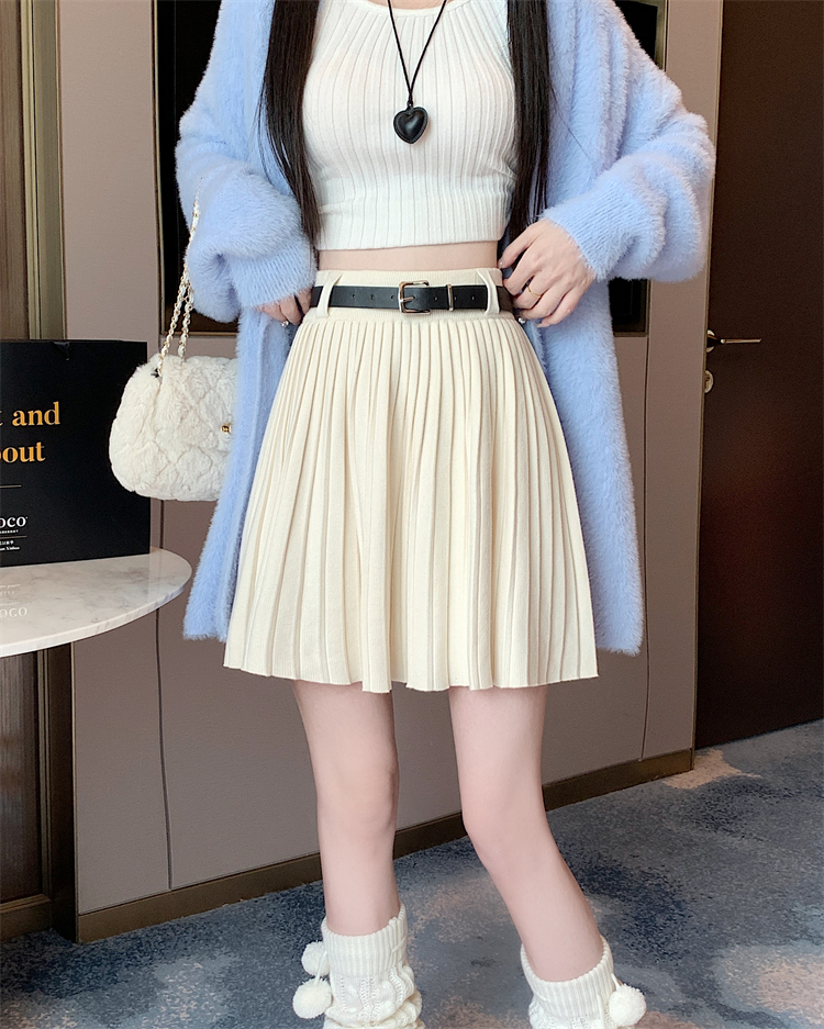 Actual shot~Autumn and winter knitted pleated skirt for women, high waist, slimming, A-line, versatile short skirt, free belt