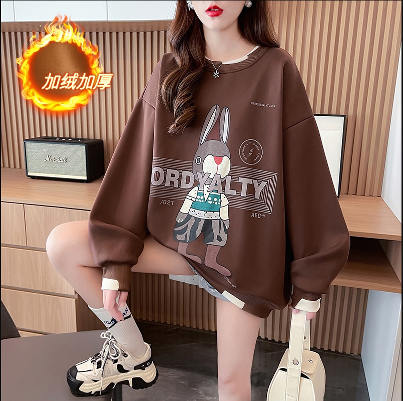 Actual shot of new winter Korean style loose bag collar composite round neck cartoon print mid-length large size velvet sweatshirt for women