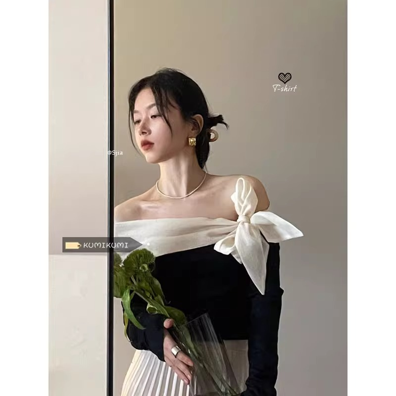 法式純欲風辣妹一字肩內搭女夏季修身長袖t恤露肩黑色打底衫上衣