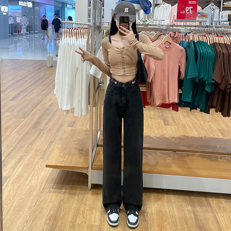 實拍2023秋冬加絨加厚直筒休閒高腰牛仔褲女