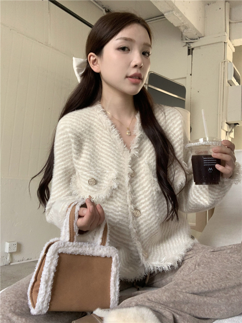 實拍小香風條紋斜紋單排扣氣質毛織上衣外套