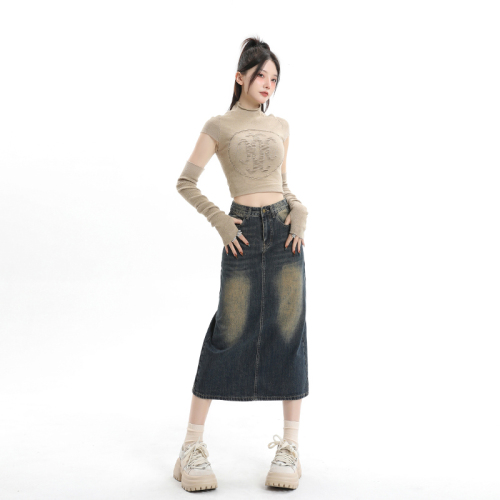 Real shot of retro cement blue autumn high-waisted back slit denim skirt for women