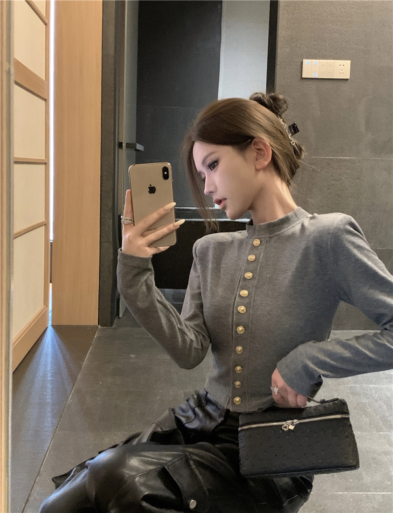 實拍~韓版金屬扣高級感修身顯瘦上衣氣質百搭圓領長袖T恤女裝