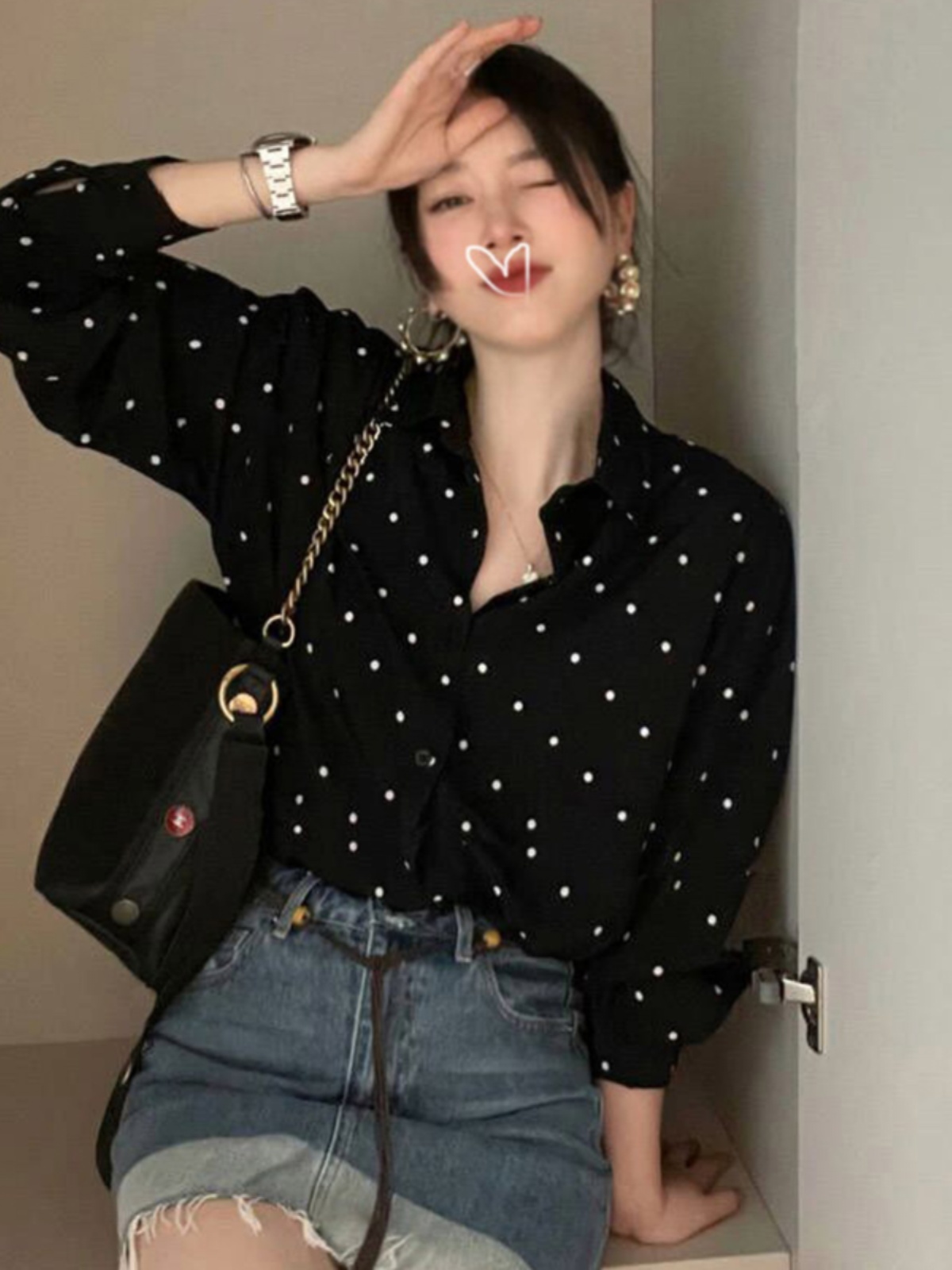 韓國chic復古赫本風翻領撞色波點設計寬鬆休閒百搭長袖襯衫女