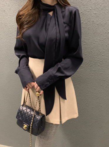韩国chic秋季新款法式复古蝴蝶结系带长袖衬衫女显瘦叠穿气质衬衣