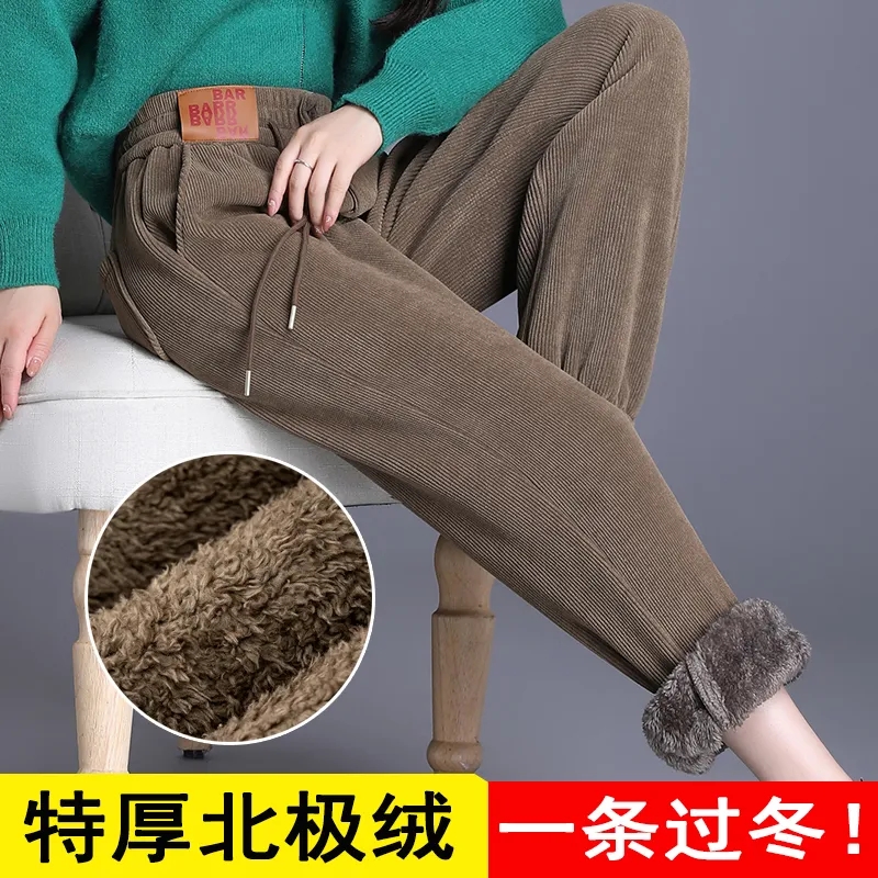 加絨雪尼爾褲子女2023秋冬新款網紅加厚束腳休閒哈倫褲