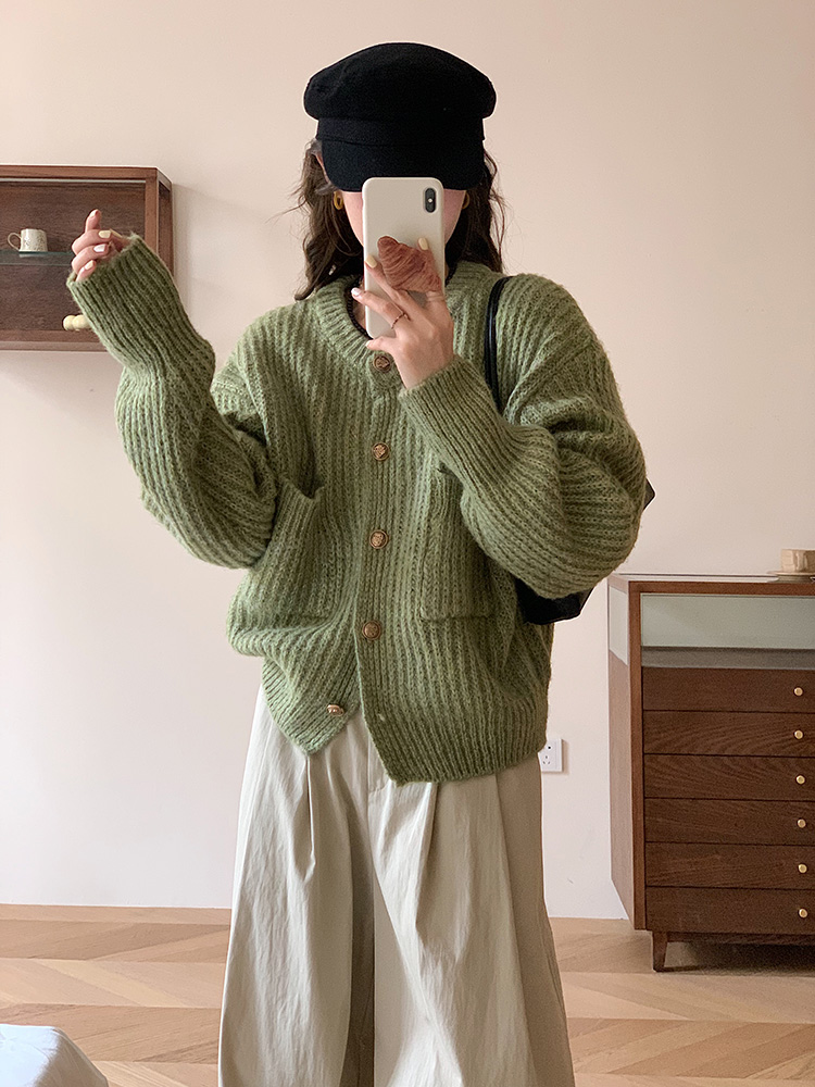 寬鬆大碼慵懶風針織開衫女韓版秋冬新款長袖圓領百搭毛衣外套短款