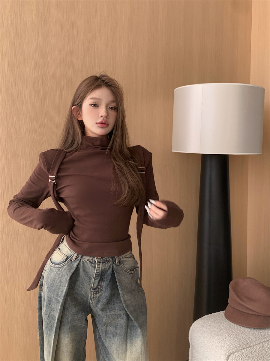 實拍 小高領修身顯瘦肩帶設計感百搭秋冬打底衫女