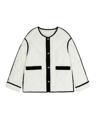 Xia Shiwen 2023 New Camellia Down Cotton Jacket Round Neck Velvet Contrast Color Hemming Diamond Loose Jacket Women Winter