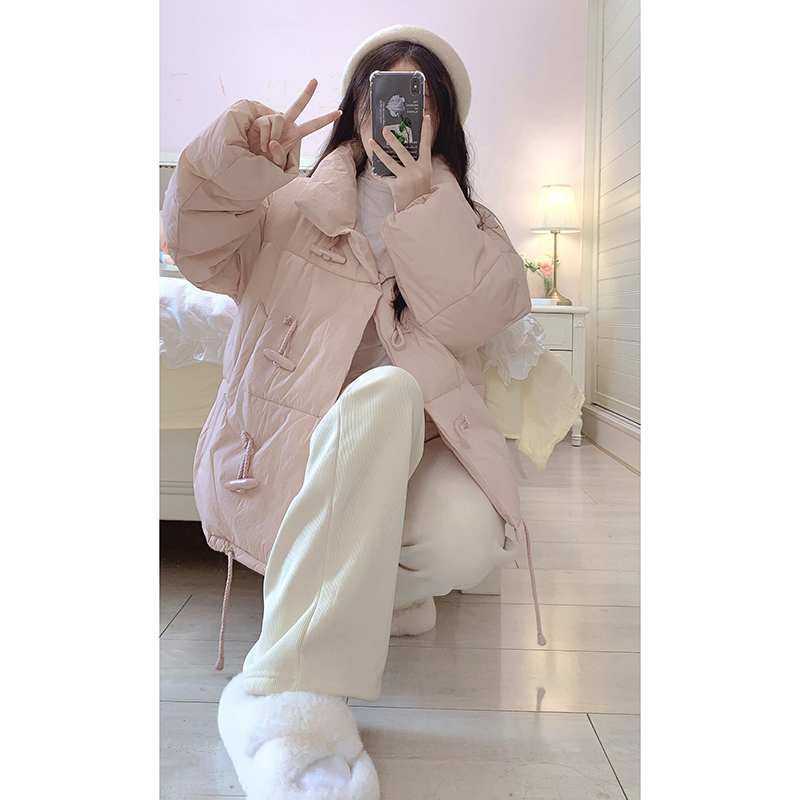 實拍牛角扣2023冬季新款女短款羽絨棉服立領寬鬆小個子麵包服外套