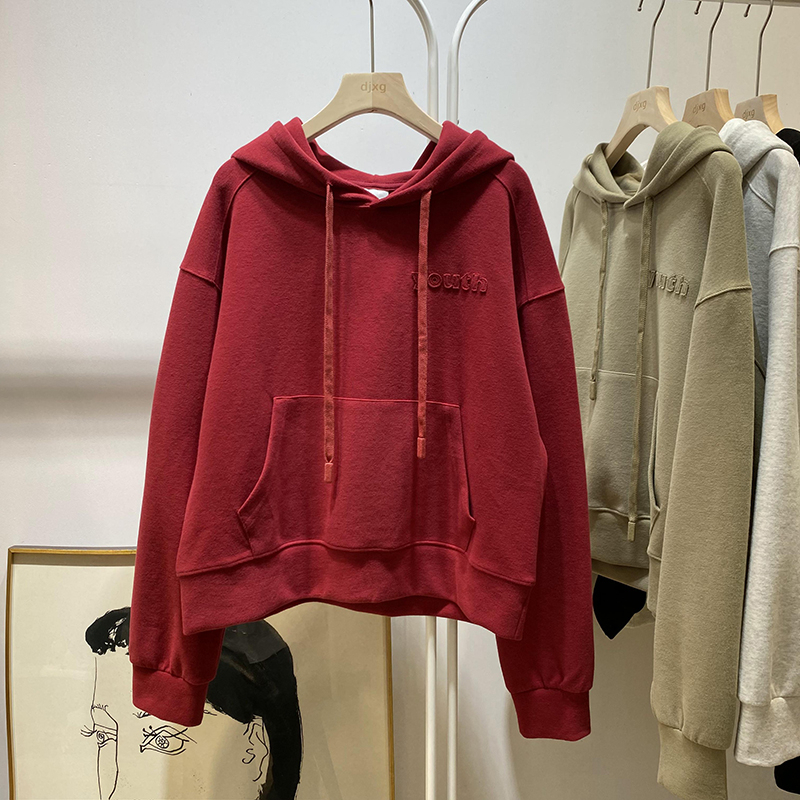 刺繡字母連帽套頭衛衣女新款寬鬆遮肉短款帽衫