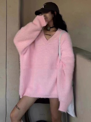 Mid-length v-neck sweater women's long-sleeved autumn and winter new Korean style loose fashion mink fur lazy style sweater