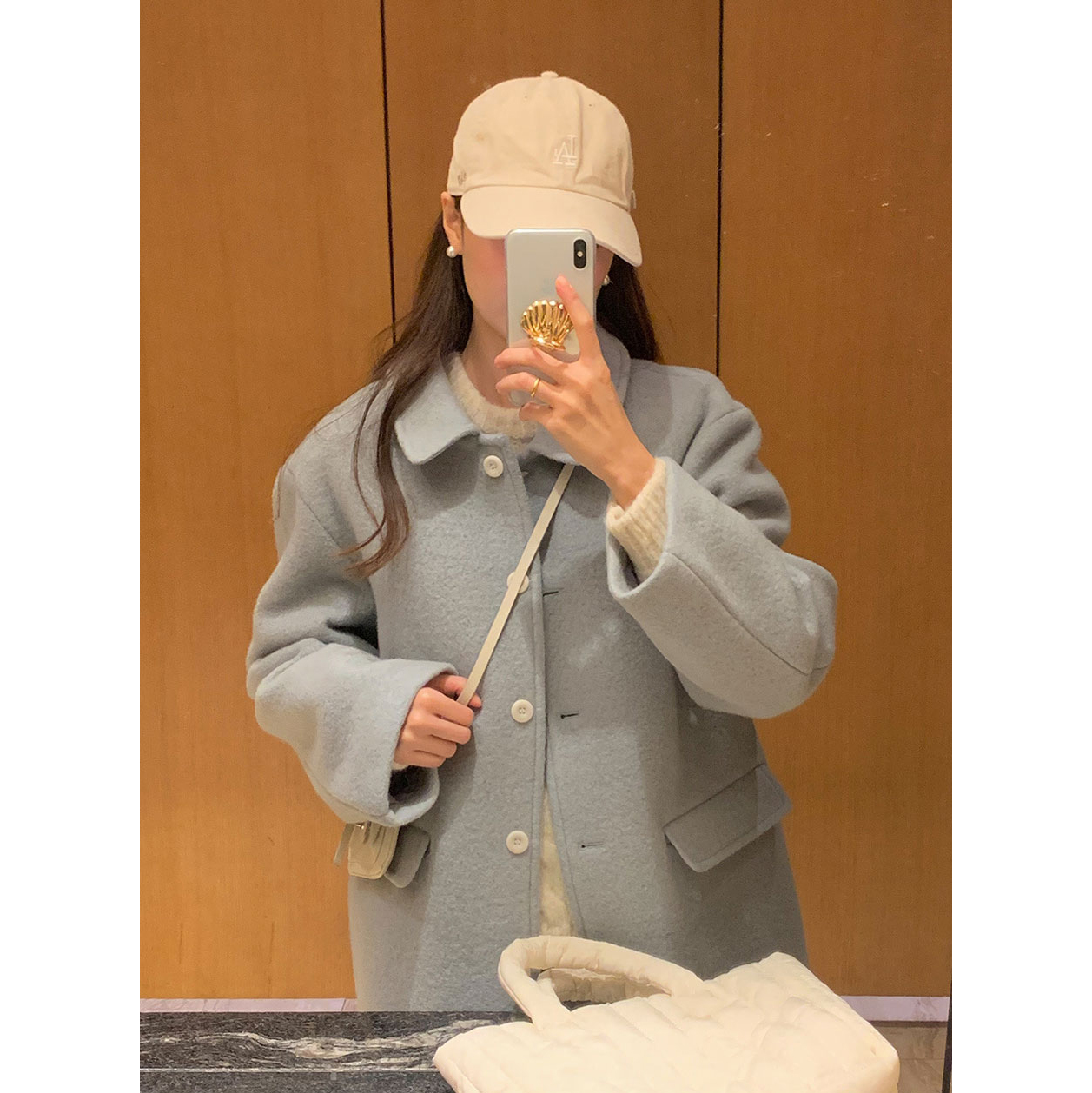 INS blogger's same style Korean style knitted pit wide-leg pants vsbaby blue woolen single-breasted jacket and woolen coat