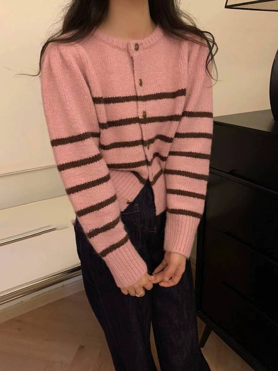 French fashion color-blocked striped round neck sweater jacket 2023 new slim long-sleeved top casual knitted cardigan