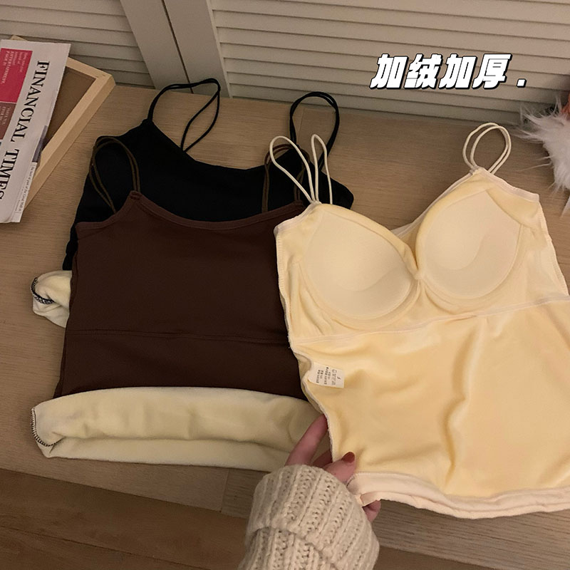 實拍加絨加厚保暖吊帶背心女冬季雙肩帶固定胸墊內搭打底上衣