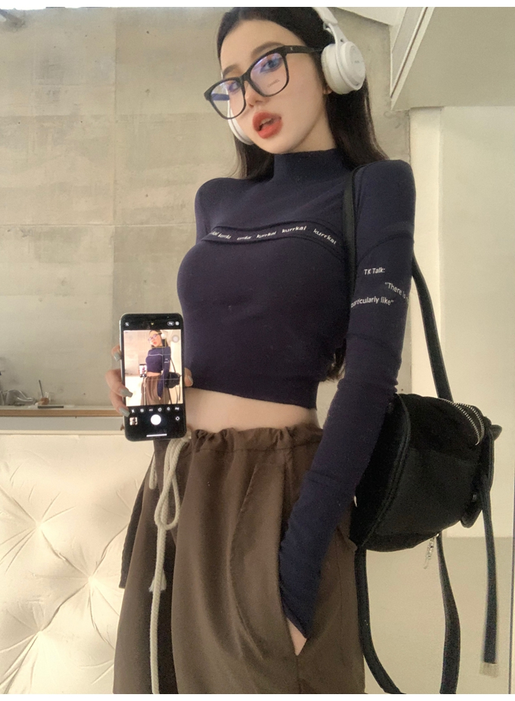 官圖修身長袖T恤女百搭半高領ins潮秋季短款甜辣妹緊身上衣打底衫