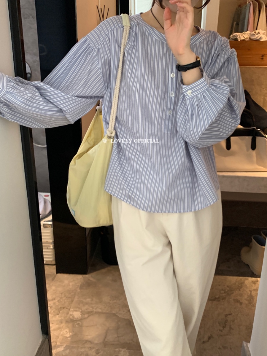 韓系條紋圓領襯衫秋季新款簡約時尚浪漫高質感通勤百搭上衣