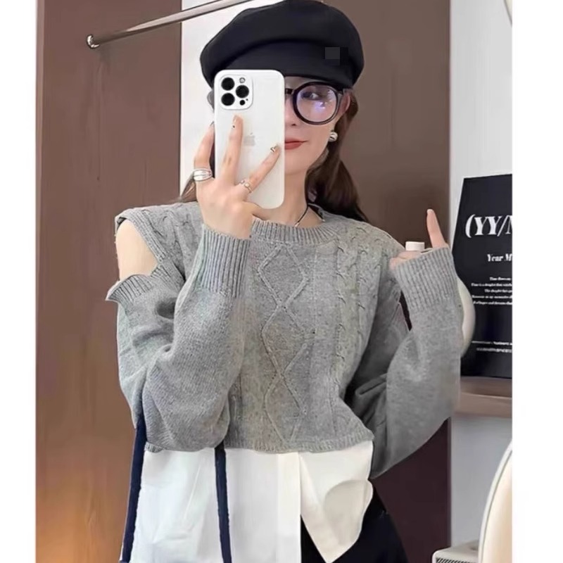 綿羊絨#高級感韓系假兩件圓領毛衣設計感氣質外穿露肩