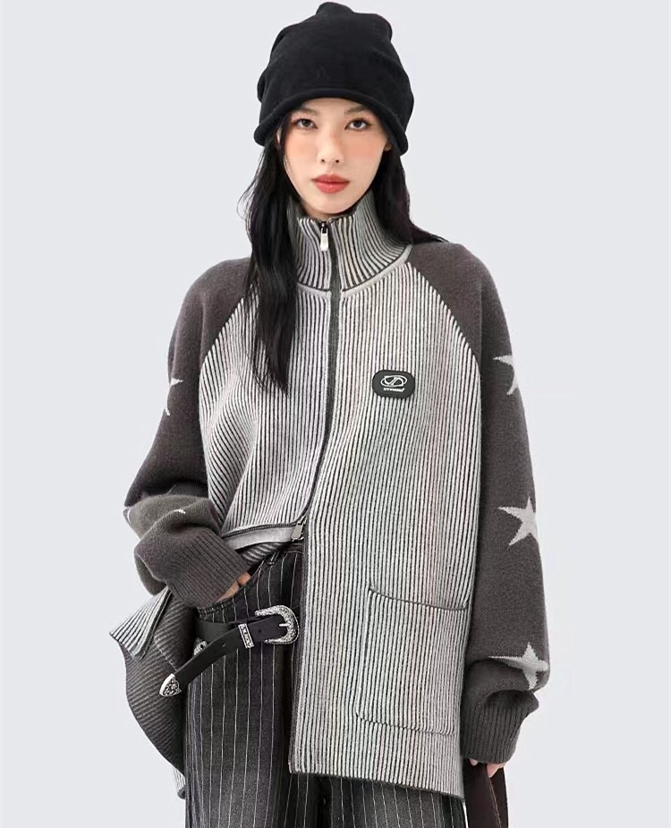 潮牌原創設計星星拼接毛衣女撞色立領坑條針織衫2023新款開衫外套