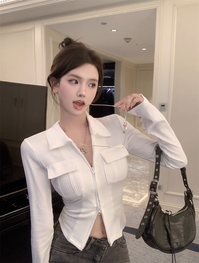 星空螺紋polo領長袖正肩T恤女秋季修身短款打底衫開衫拉鏈上衣
