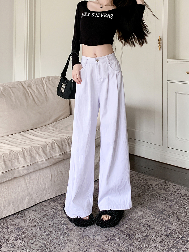 Actual shot~White denim trousers women's autumn new loose straight pants drapey wide-leg casual pants