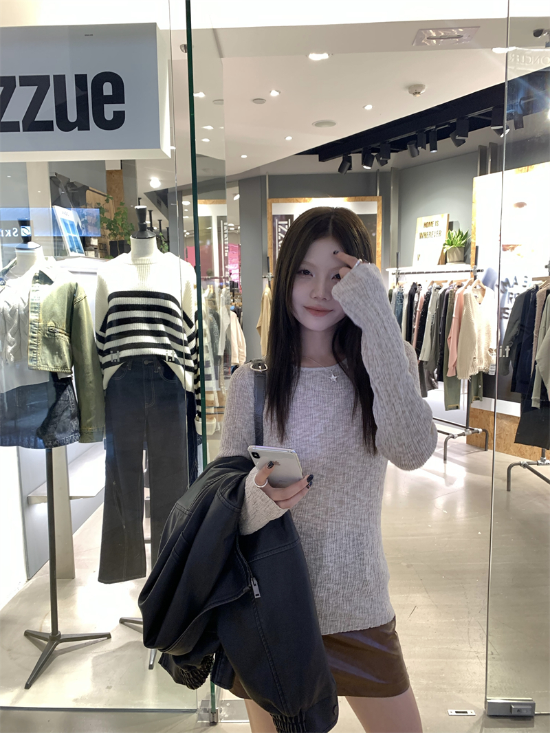 實拍 秋季新款長袖麻感圓領修身打底上衣針織女