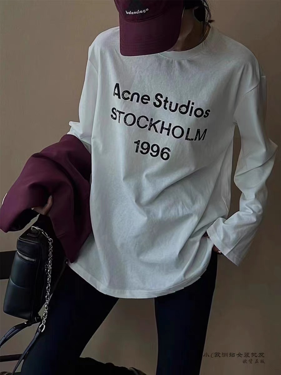 2023 Autumn New European Style Korean Letter Printed Loose Round Neck Brushed Bottoming Long Sleeve T-Shirt for Women