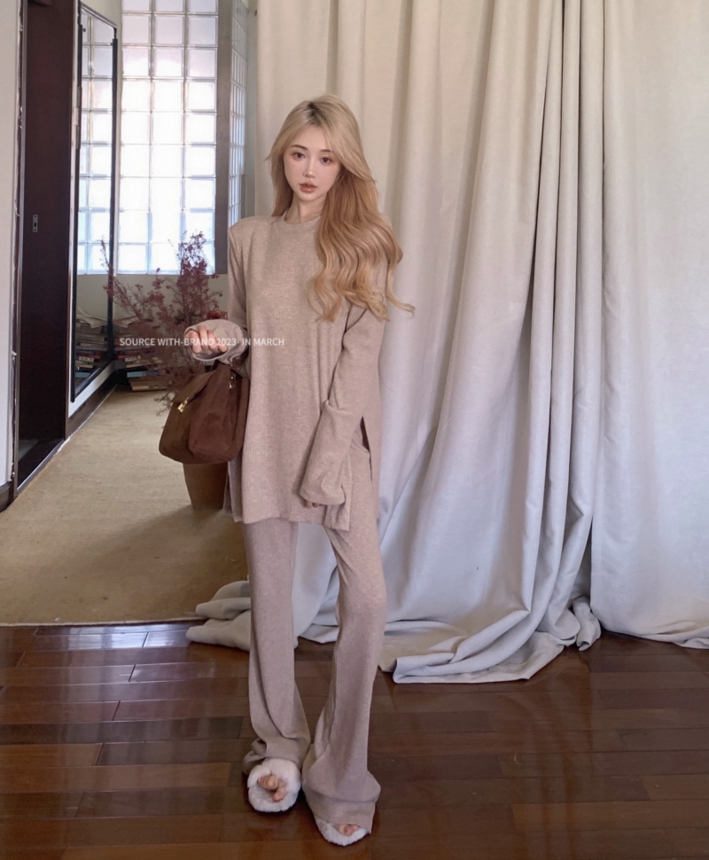 Real shot of lazy temperament lazy suit shoulder pad top/draped trousers casual pants women's autumn two-piece set