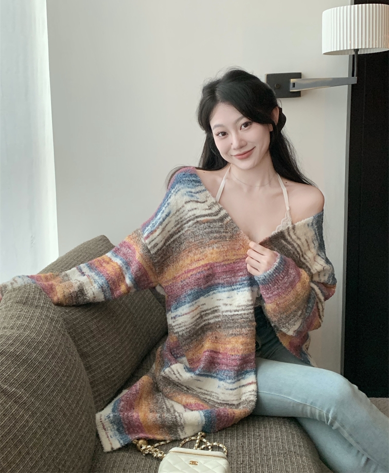 實拍 秋冬復古慵懶風設計感中長款寬鬆開衫針織衫毛衣外套女